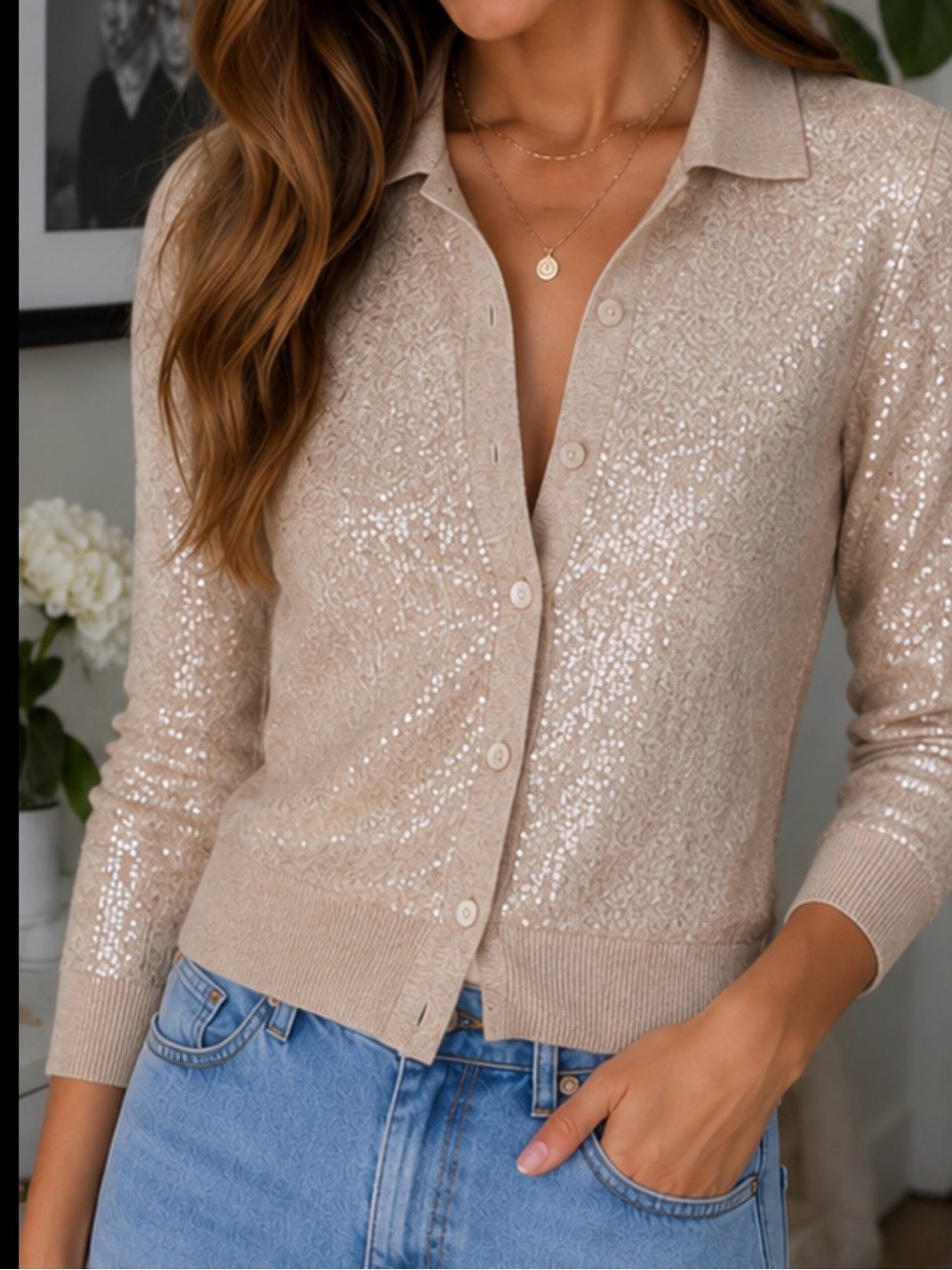 Zara Champagne Sequin Knit Cardigan, Hamptons Summer Nights, Size M
